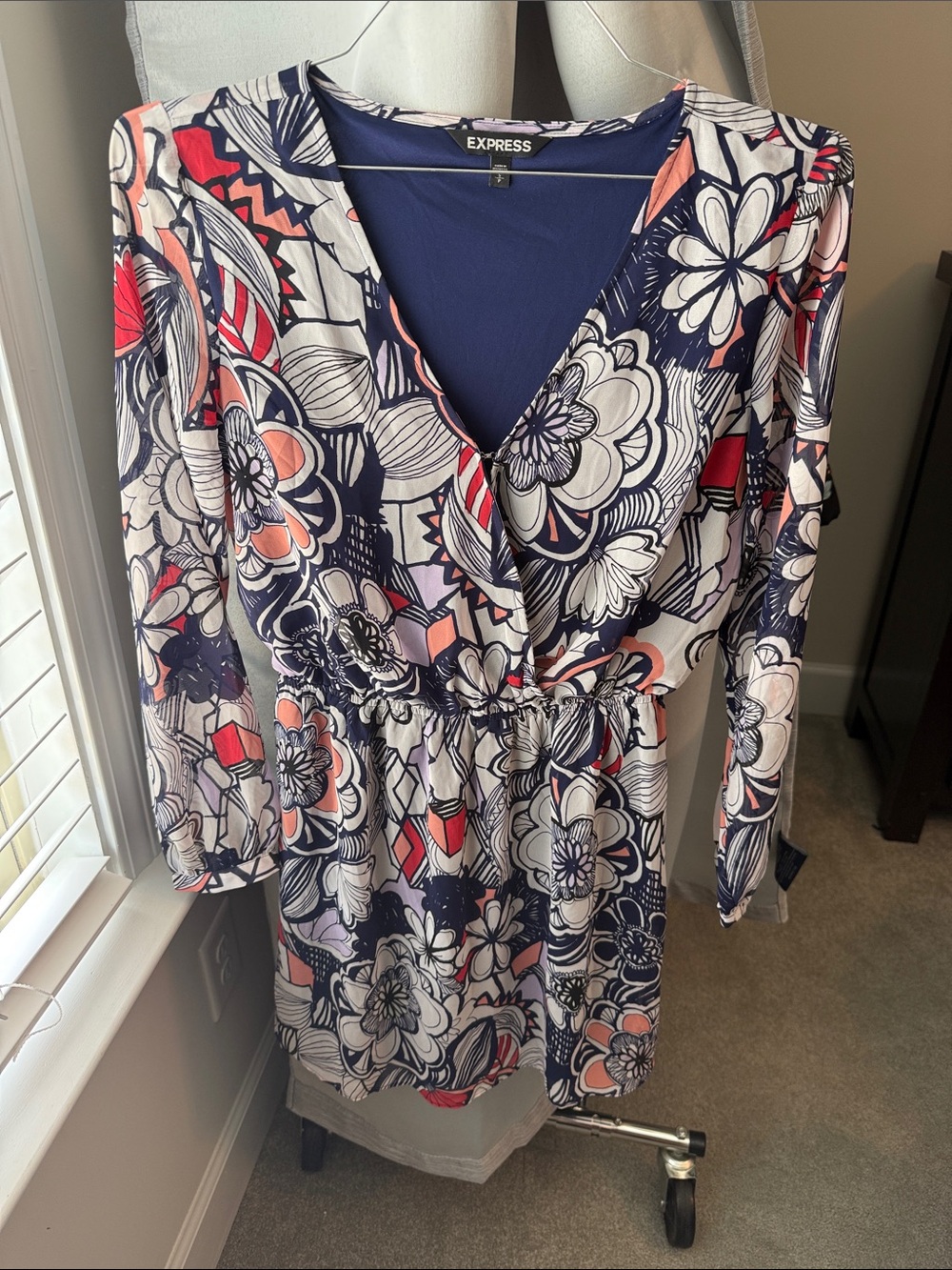 Express Floral Wrap Dress in Navy, White & Coral Pink